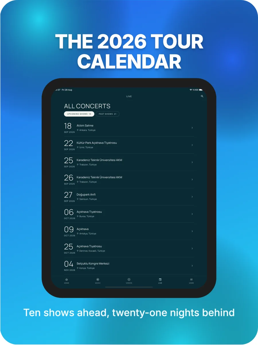 The 2026 tour calendar on iPad